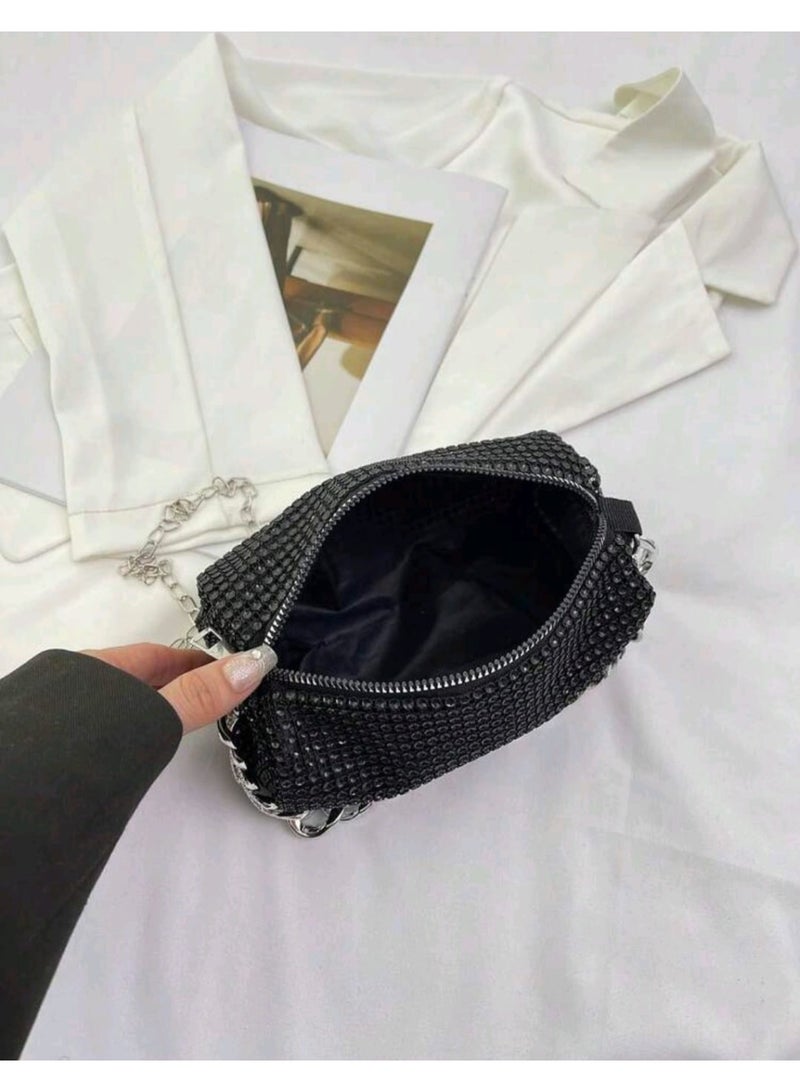 شي إن حقيبة كتف أنيقة مرصعة بسلسلة من أحجار الراين، حقيبة يد كروس بودي متعددة الاستخدامات للنساء - Image 5